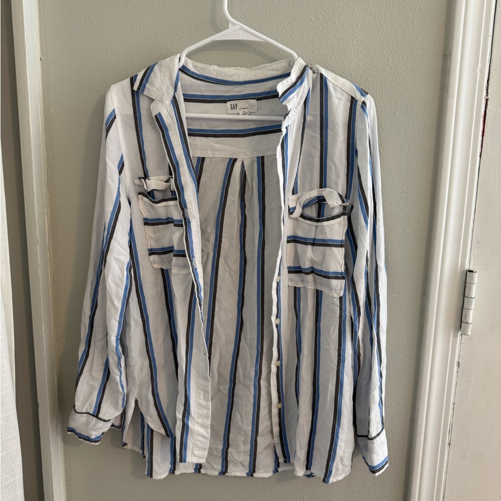 GAP Striped Button-Down Shirt in White, Blue & Black